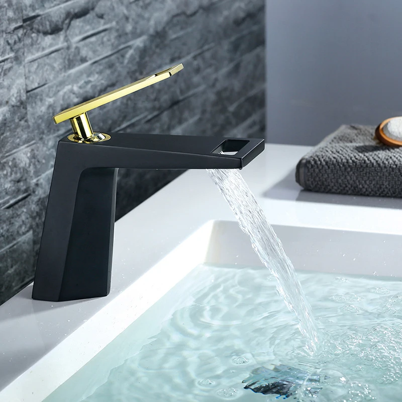 Hot Cold Water Sink Mixer Taps Black White Lavatory Single Hole Crane Chrome Bathroom Deck Mounted Waterfall Basin Faucet
