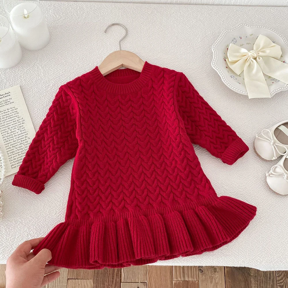 

1-6Y Baby Girl Dress Red Knited Christmas Festival Party Dress One-piece Sweater Dress Autumn Casual Children Clothing Elegant