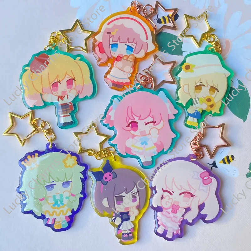 Multi Design Q Version Cartoon Girl Acrylic Keychain Set, Glitter Border Anime Figure Charms With Star Metal Hook, Assorted Styl
