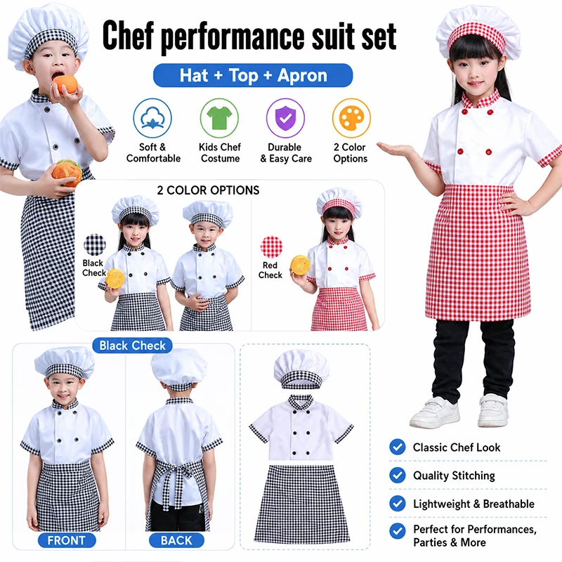 Kids Chef Uniform With Cook Hat Children Restaurant Cosplay Costume Set Boys Girls Holiday Party School Stage Performance view 6