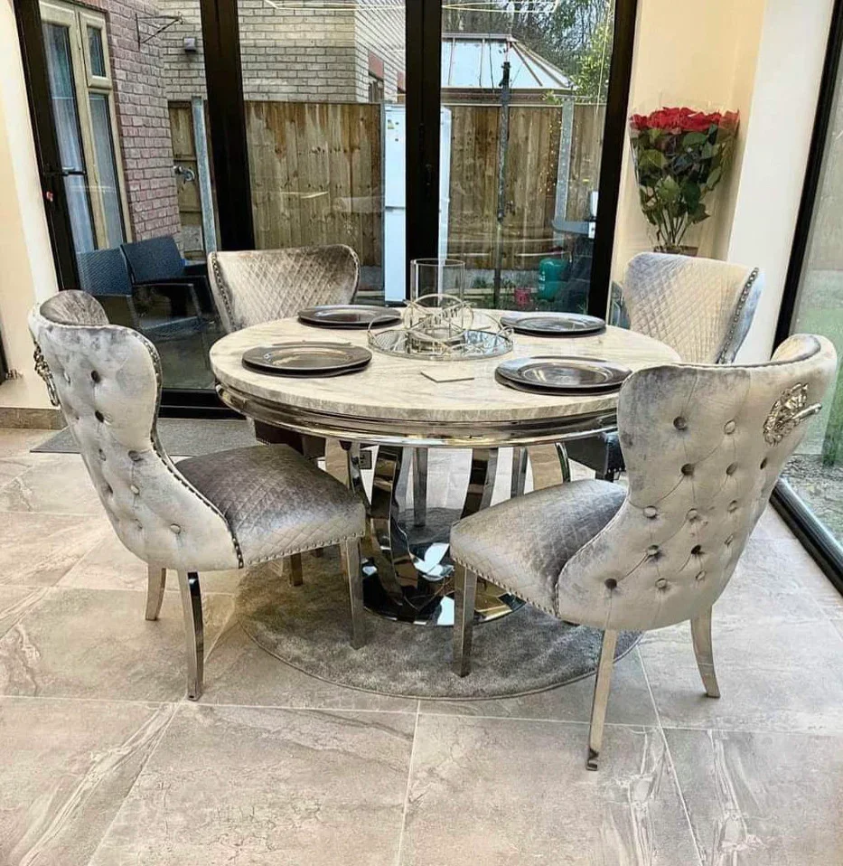 Modern Dining Room Furniture Stainless Steel Base Marble Top Round Dining Table Silver Chrome Restaurant Table For Home Hotel