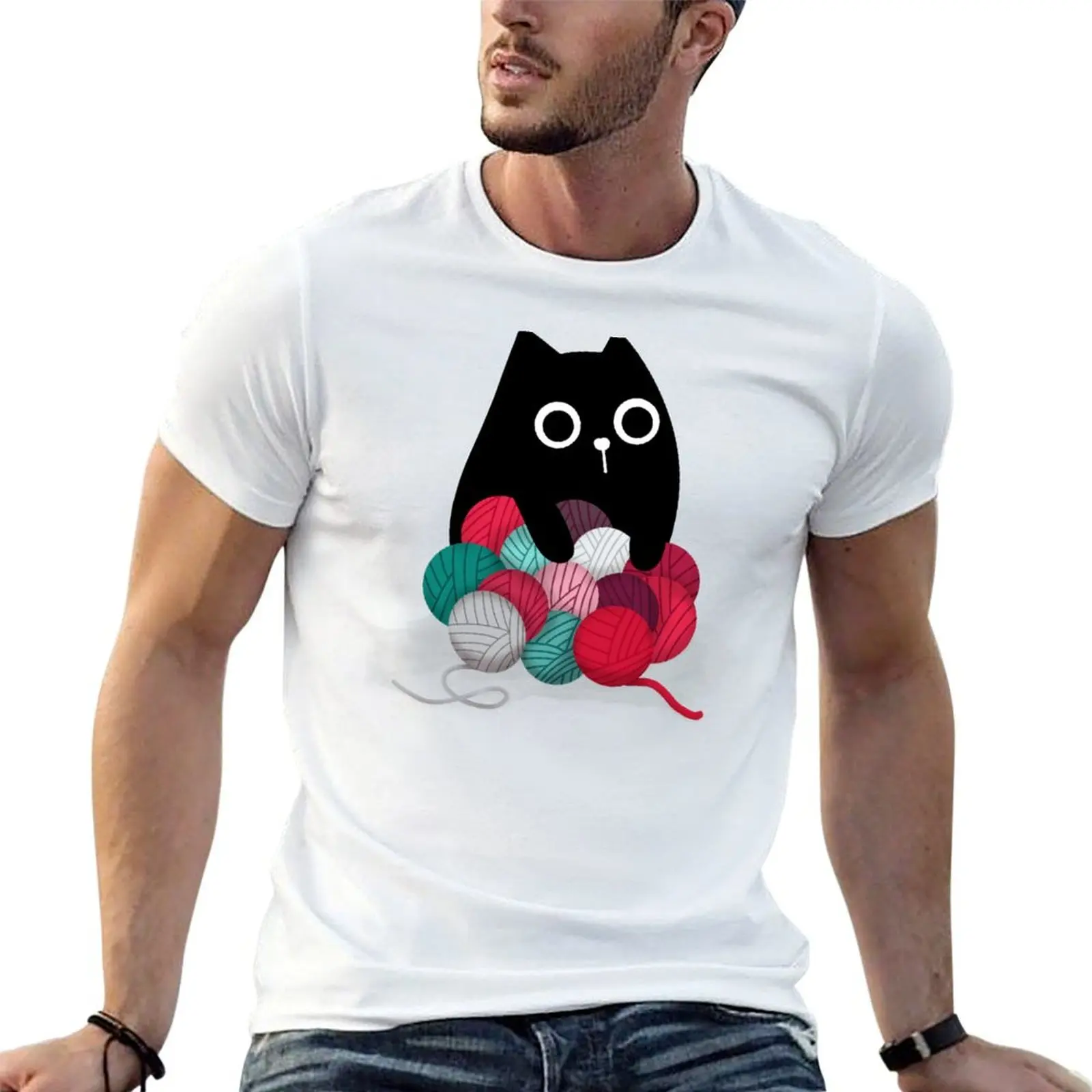 Cat and Yarn Stash T-Shirt Big and Tall Crew Neck Tee