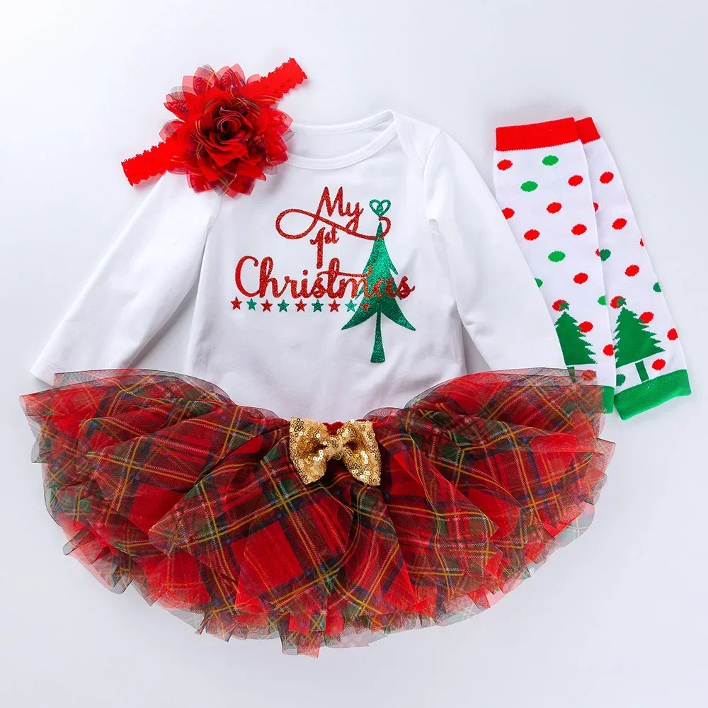 Christmas Red lattice tutu skirts Flower Long Sleeve Rompers Baby Clothing Set Infant Girl Clothes Cotton Socks Headband 3/4pcs