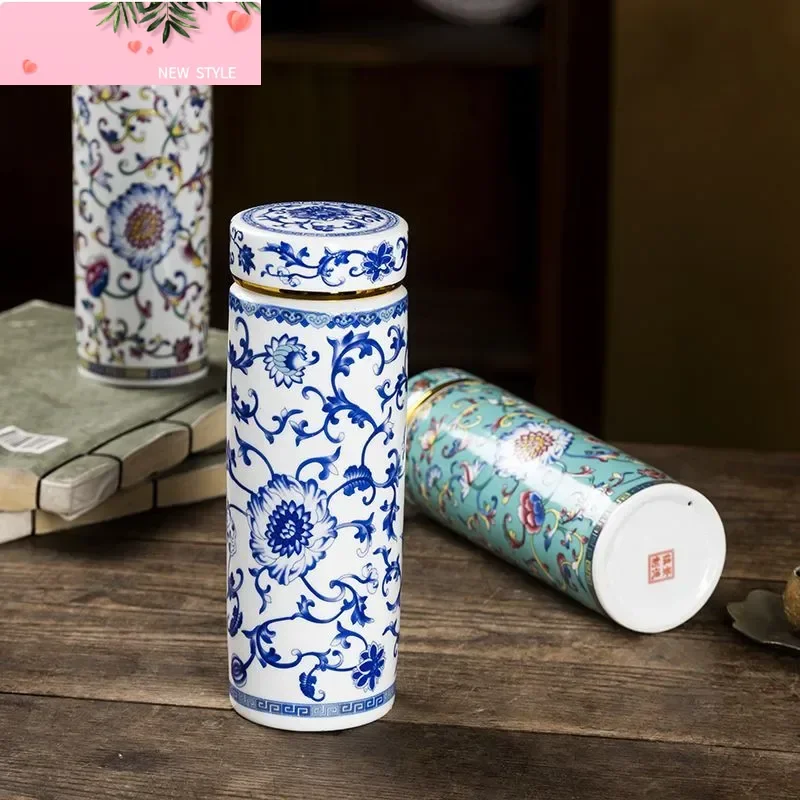 

380ml Jingdezhen Ceramic Enamel Color Teacup Double Inner Liner Blue and White Porcelain Tea Cup Office with Cover Cup