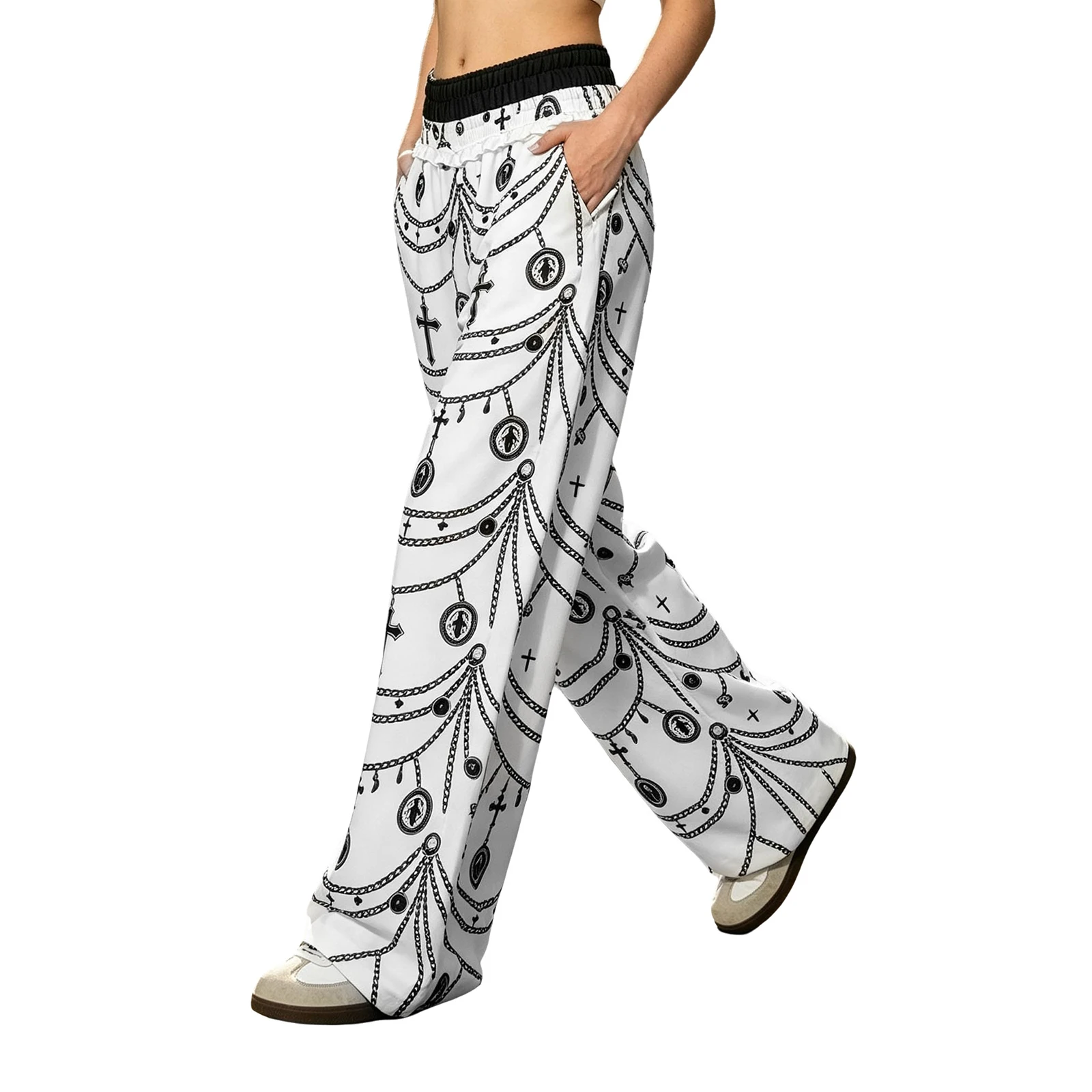Women Chain Printed Pants Color-blocked Elastic Double Waist Trousers with Pockets for Hip-hop Jazz Dance Skateboarding Sports