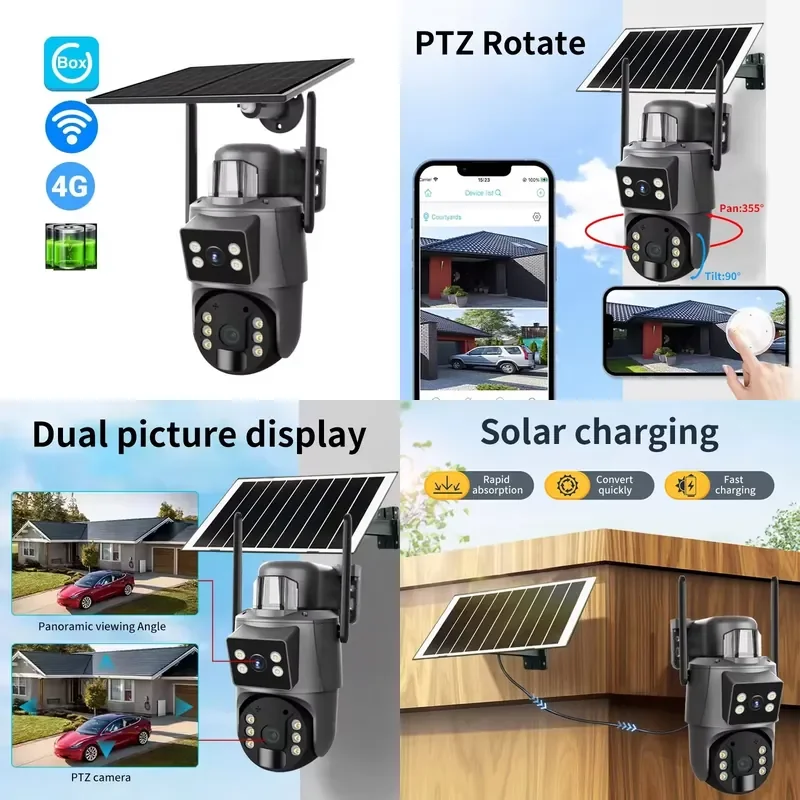 3MP+3MP Dual-lens Alarm with Human Detection Wireless Outdoor Solar Power PTZ Security Camera WIFI/4G Night Vision Cloud SD