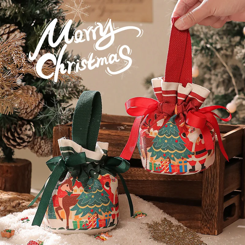 

2025 Creative Handheld Canvas Apple Bag with Bow Christmas Gift Bag Christmas Eve Apple Gift Box Christmas Gift
