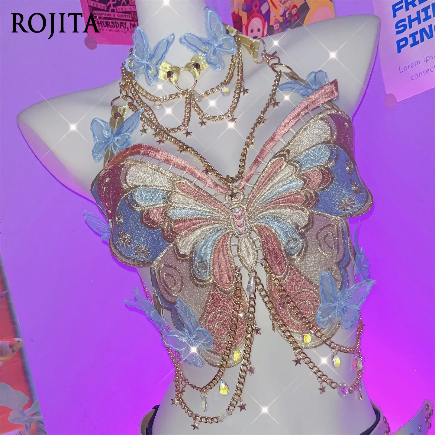 Hot Girl Sexy Butterfly Embroidery Corset Top Gold Chain Tassel Top Festival Subculture Sweet Cosplay Halter Suspenders Vest