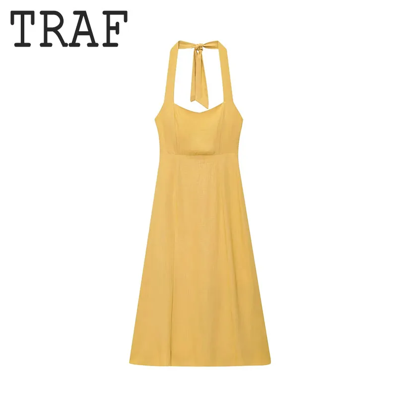 TRAF-vestidos elegantes para mujer, vestido amarillo con cuello colgante y hombros descubiertos, vestidos largos sin mangas para mujer, vestido sin espalda a la moda