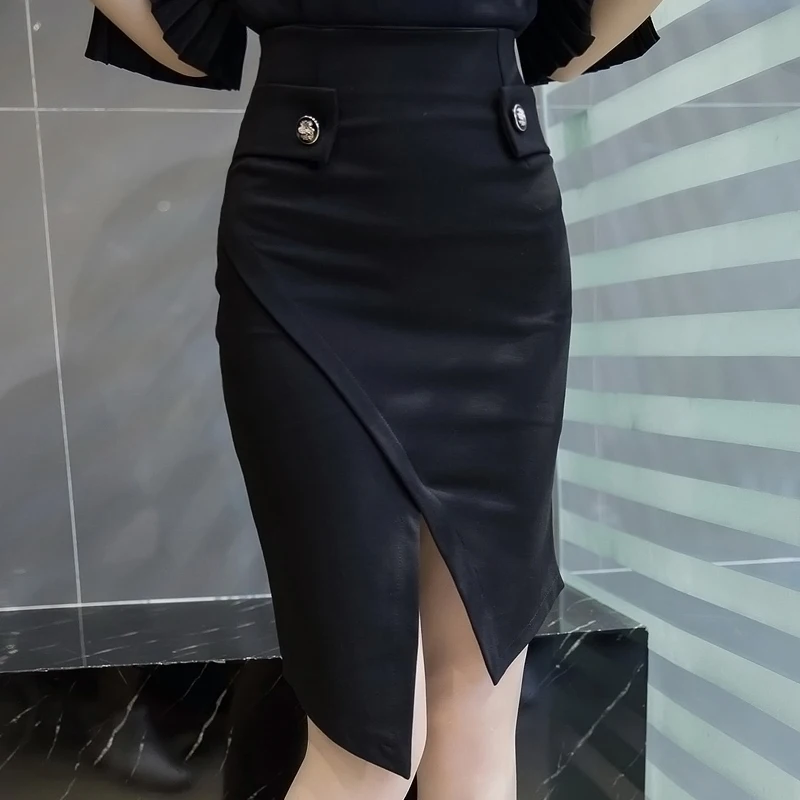 

Женская модная юбка с высокой талией, асимметричная, с разрезом спереди, облегающая, для офиса