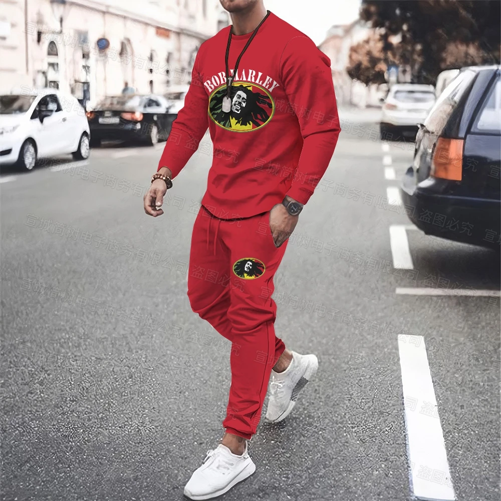 Reggae Sweatshirt Set Long Sleeve T-Shirt Casual Pants Sportswear Hip Hop Punk Street Men Oversized Jersey 2 Piece Set