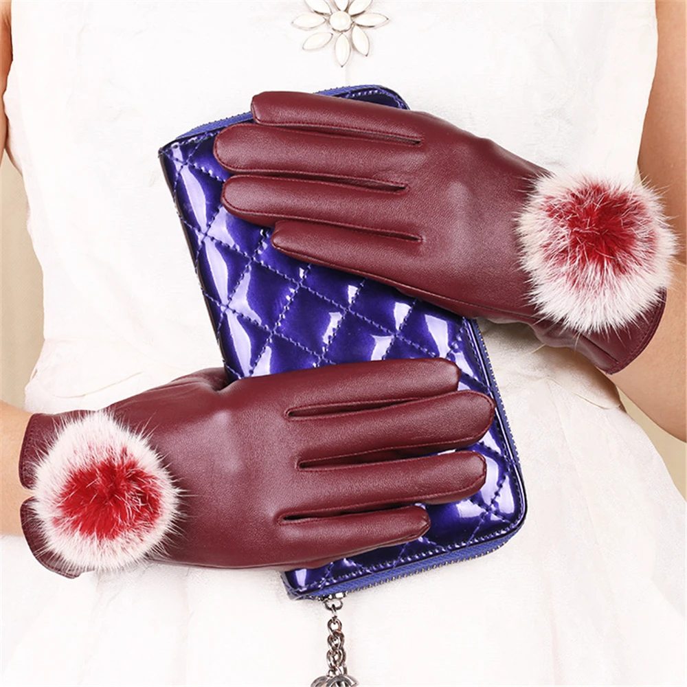 

New Rabbit Ball play mobile phone touch screen autumn and winter warmth plus cashmere cold-resistant PU leather gloves HF02