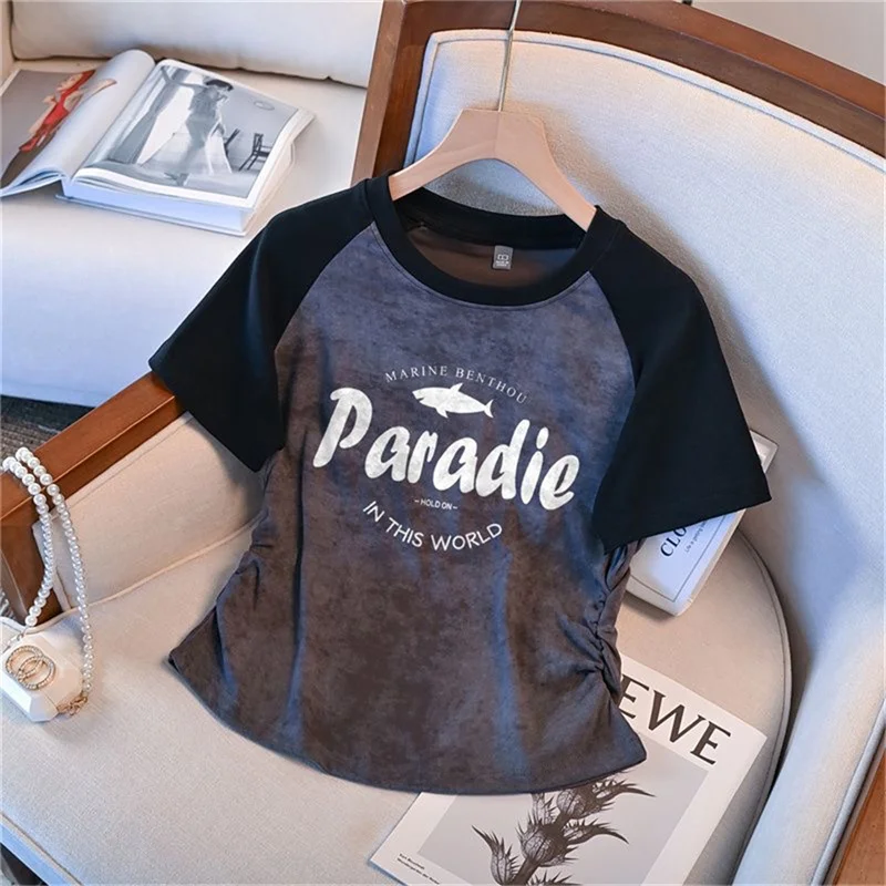 

Женская футболка контрастного цвета с короткими рукавами и принтом тай-дай, лето 2023, новый дизайн, плиссированный тонкий короткий топ