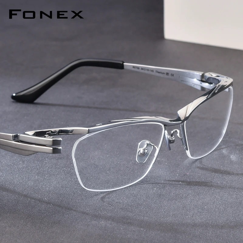 FONEX Pure Titanium Eyeglasses Frame Men Brand Design Semi-Rimless Square Glasses Half-Rim Japanese Ultralight Eyewear 85709