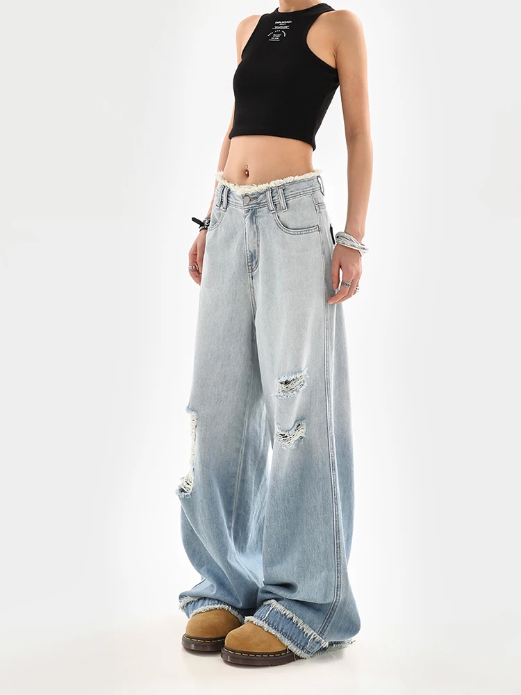 2024 Summer Women's Harajuku Vintage Jeans Gradient Loose Washed Wide Leg Pants Y2K Ripped Baggy Denim Trousers