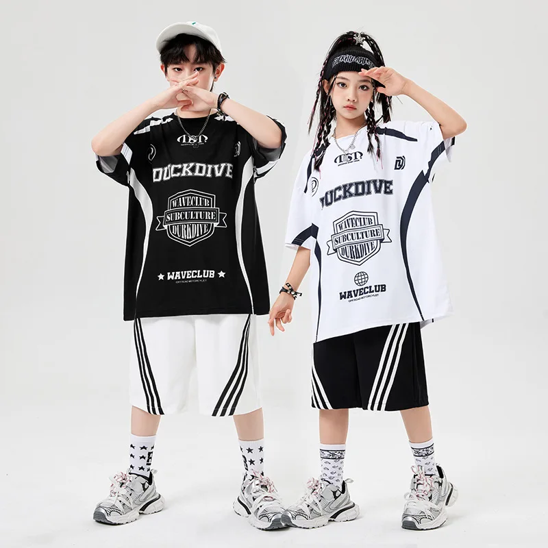 Fashion Hip Hop Dance Costumes for Boys Summer Girls Letter Short Sleeve T-shirt Wide Leg Pants Street Wear Kids Jazz Clothing