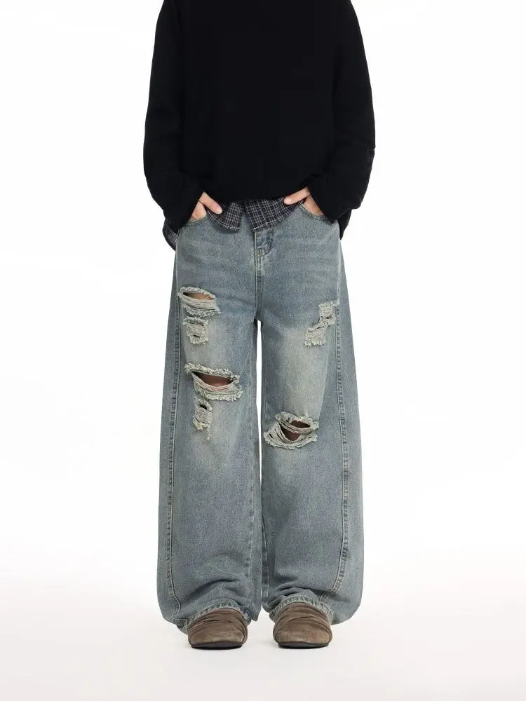 Men's Distressed Design Street Thin Jeans Casual Pants Summer 90s Y2k Young Boys Sweatpants Male High Waist Wide Leg Trousers