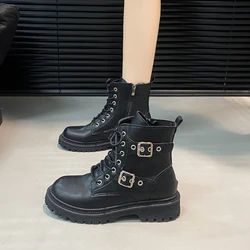 New Round Toe Fashionable Side Zipper Motorcycle Shoes Solid Color Elegant Warm Casual Lace-up Non-slip Women's Boots