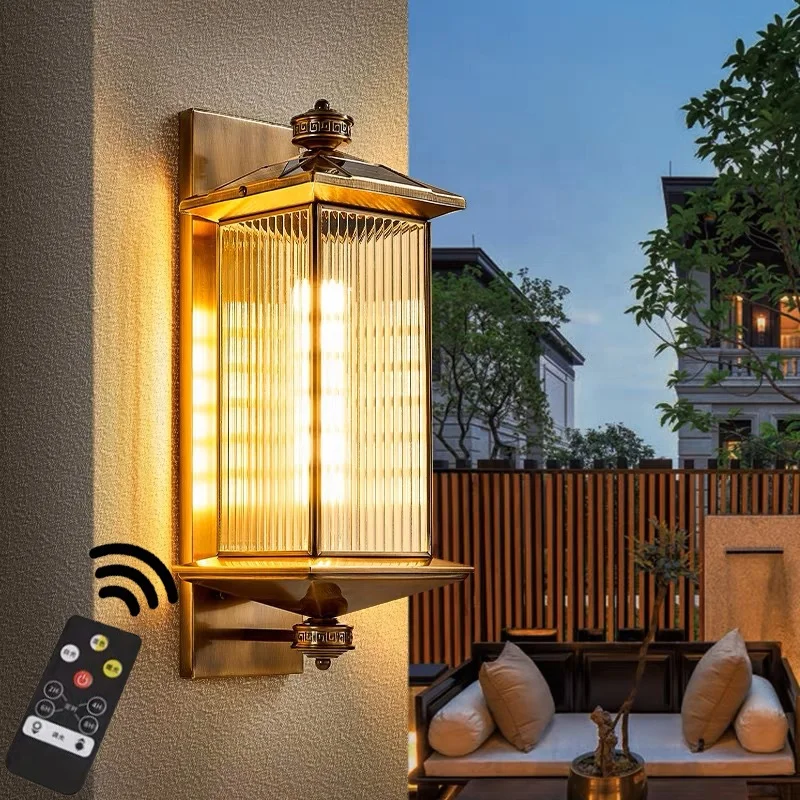

20W Copper Solar Wall Light with Remote Control IP65 Waterproof Villa Gate Solar Courtyard Light Dimmable Outdoor Wall Light