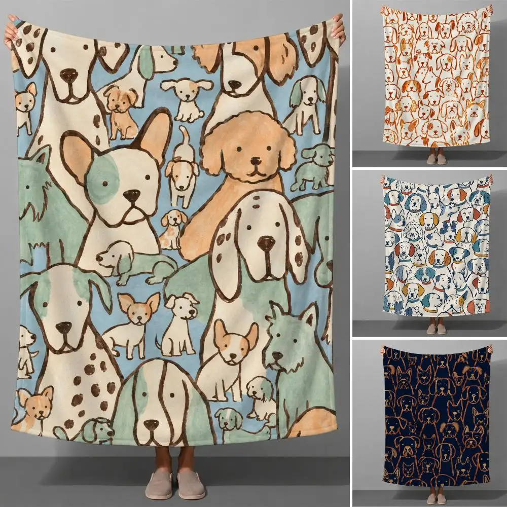 Animal Hand Drawn Cute Dogs Group Portrait Kawaii Throw Soft Flannel Throw Blanket Warm for Couch Bed Sofa pets Cozy All Season