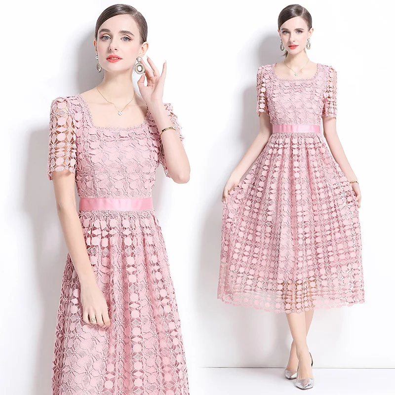 Vestido Midi e de encaje Soluble, diseño Original, falda acampanada adeazante, tejido de poliéster, manga corta