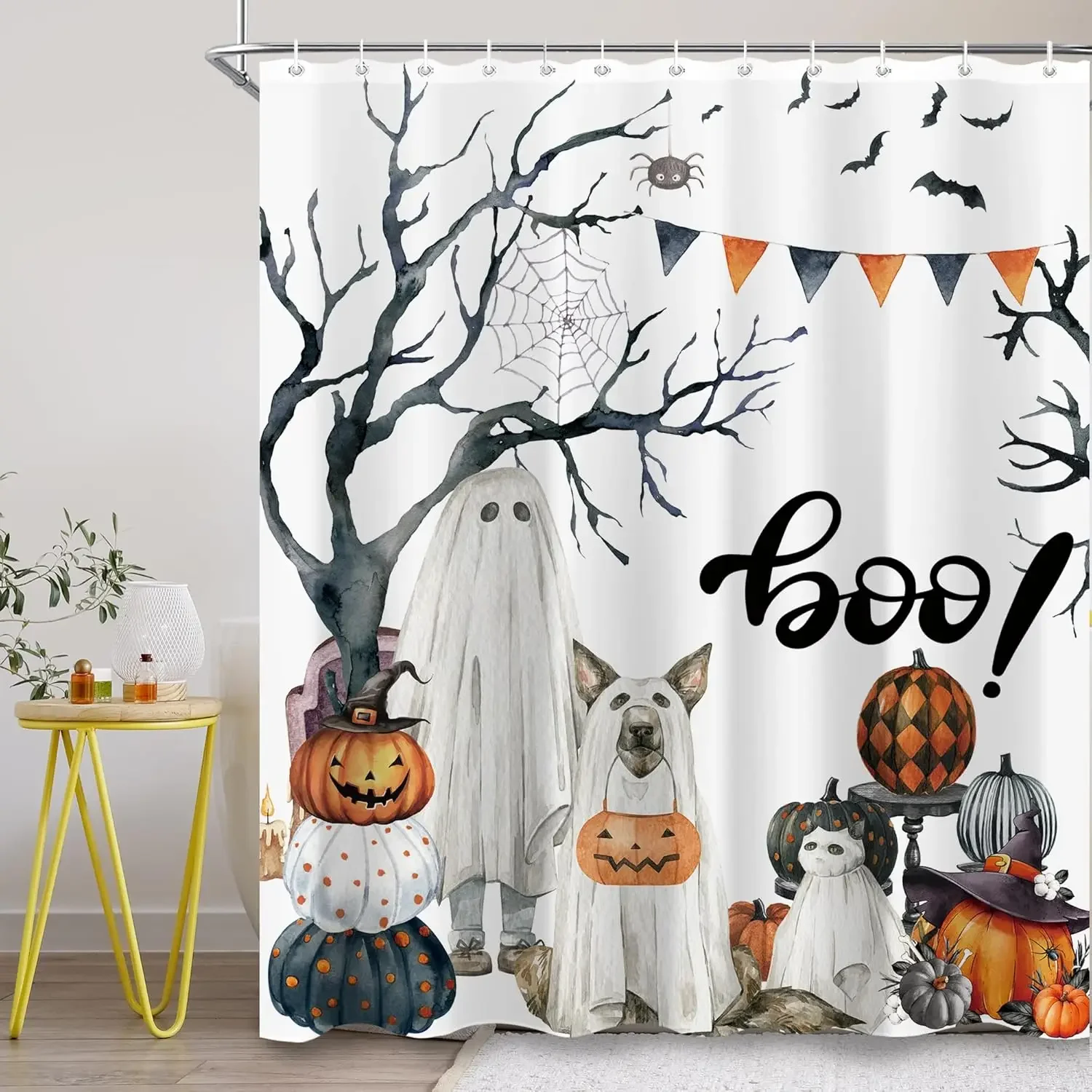 

Funny Halloween Dog Ghost Shower Curtain Pumpkins Boo Tree Shower Curtain Holiday Fun Bats Polyester Bath Curtain Bathroom Decor