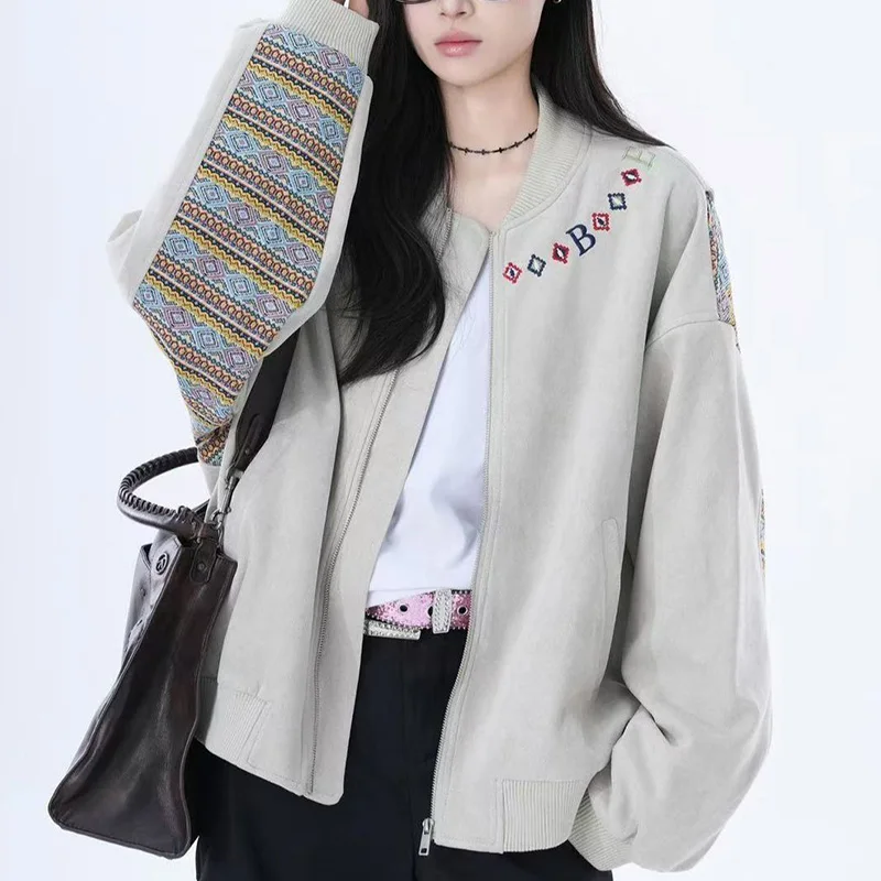 American Vintage Jacket Women Autumn Jacquard Woven Patchwork Loose Zipper Coat Retro Letter Long Sleeve Casual Baseball Jacket