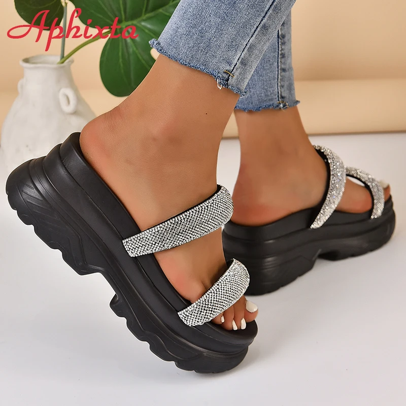 Aphixta Summer Luxury Crystals Sandals Women Platform 8cm Black White Wedge High Heels Chunky Sole Slides Beach Slippers Shoes