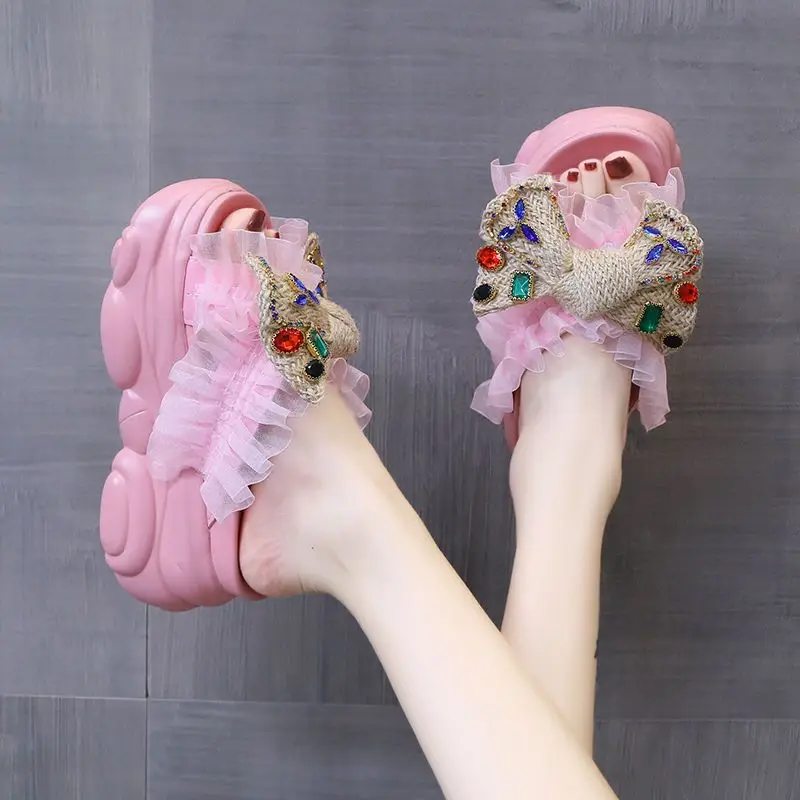 

European Lace Bowknot Platform Slippers 2026 Summer Women Thick Bottom Slippers Female Outdoor Height-increasing Wedge Slides