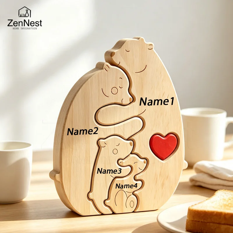 Personalized Wooden Bear Family Puzzle Custom Name Laser Engraving Family Keepsake Ornament Home Decor Gift for Parents Birthday
