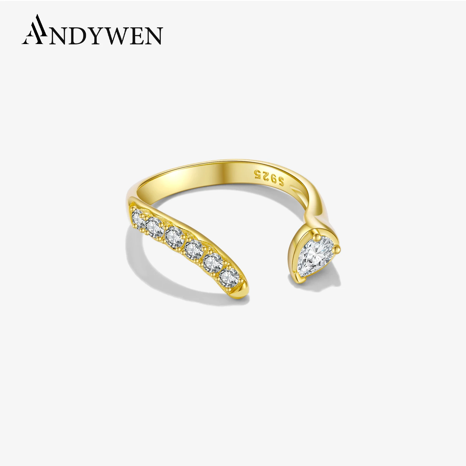 ANDYWEN 925 Sterling Silver Zircon CZ Asymmetric Adjustable Open Ring Women Irregular 2024 Advanced Luxury Wedding Fine Jewelry