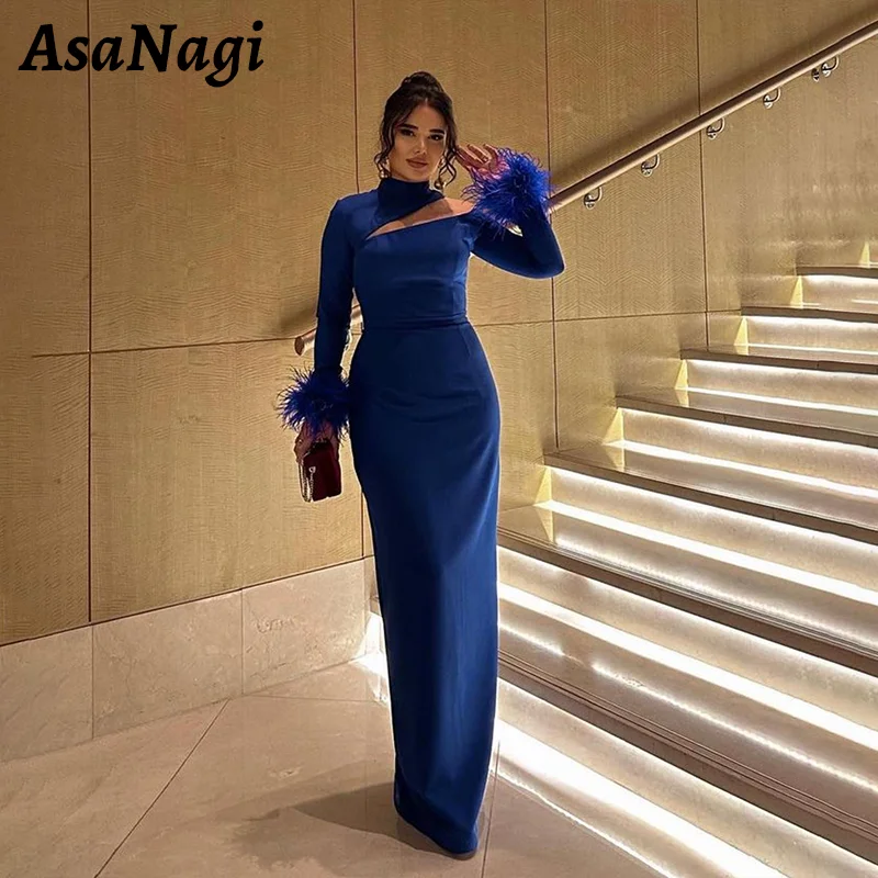 

AsaNagi Elegant Mermaid Evening Gown Women's High Neck Long Sleeve Feather Party Prom Dress Floor Length Special Occasion Gowns