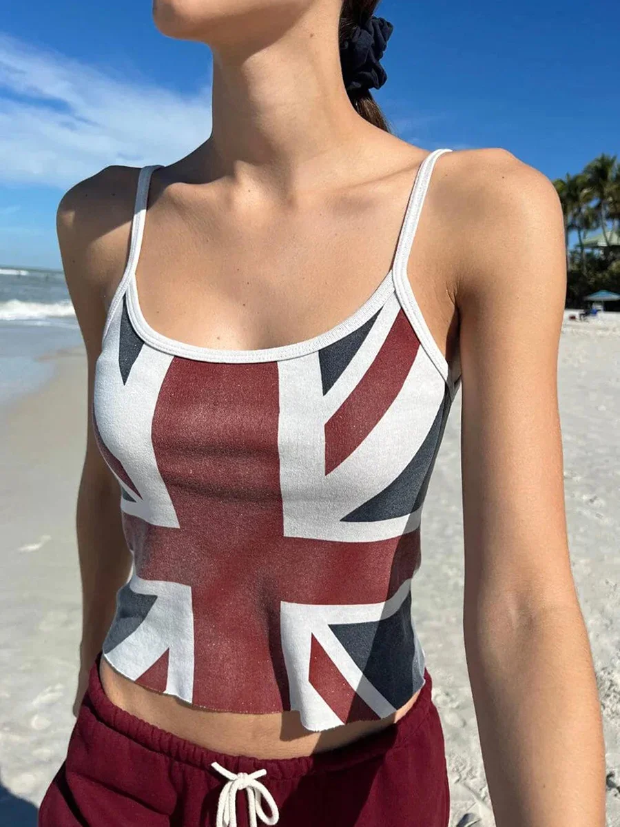 Women Spaghetti Strap Union Jack Cami Top Sleeveless U Neck Low Cut Basic Fitted Crop Tank Top British Flag Print Camisole Vest