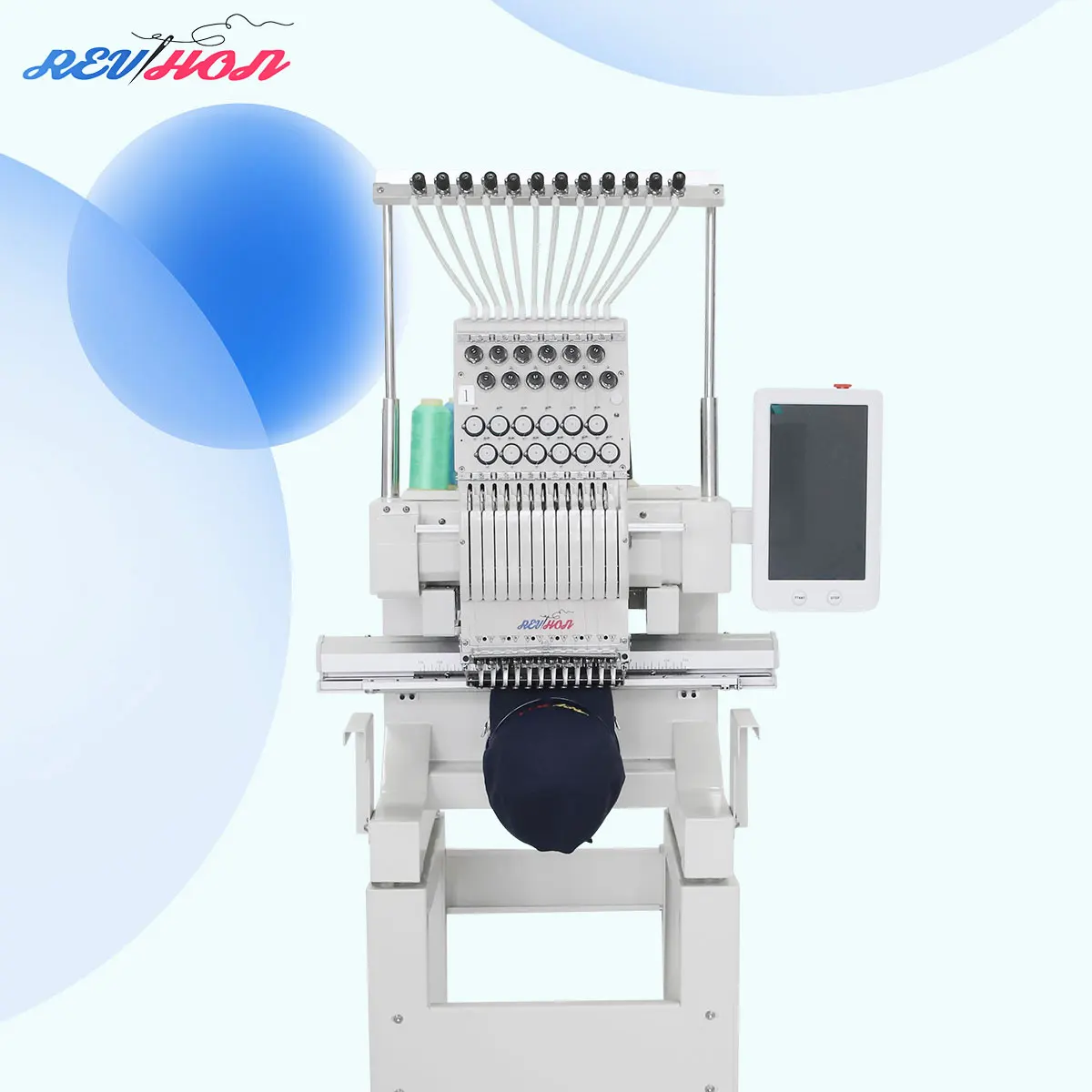 REVHON New Single Head Compute Embroidery Machine 12 Needles Computerized Operation High Speed 1200RPM Easy Move for Cap T-shirt