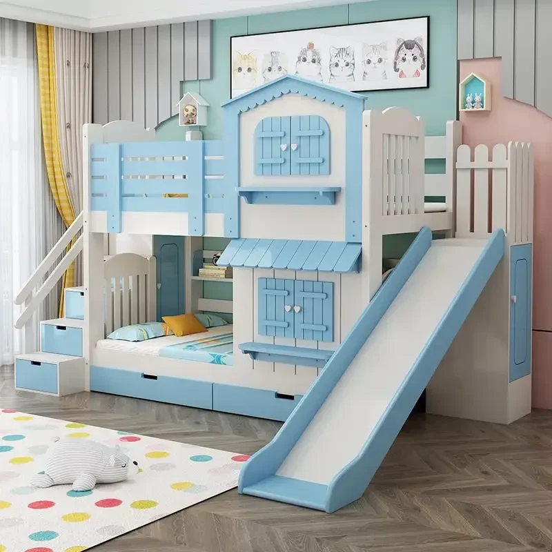 All solid wood children's bunk bed multifunctional children's castle slide bed Bunk Bed with Storage
