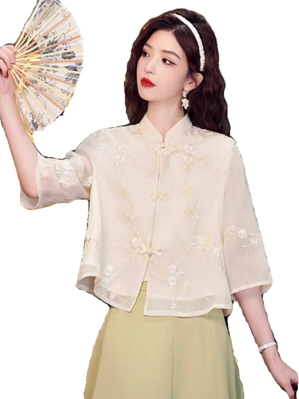 Ele chino Sle bordado irt mujer verano ligero protección solar gasa Top abotonada cuello alto ajuste Regular