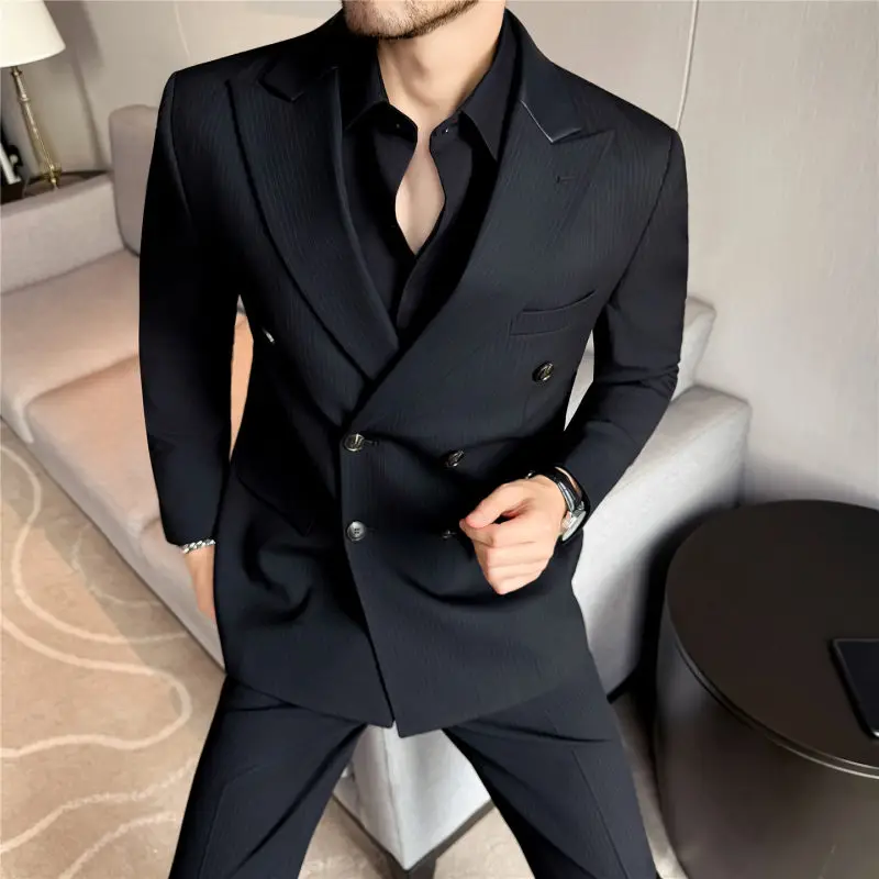 

Men's Slim Fit Casual Striped Suit Double Breasted Wedding omsmen Faionable Outerwear Four Seasons Polyester Blend