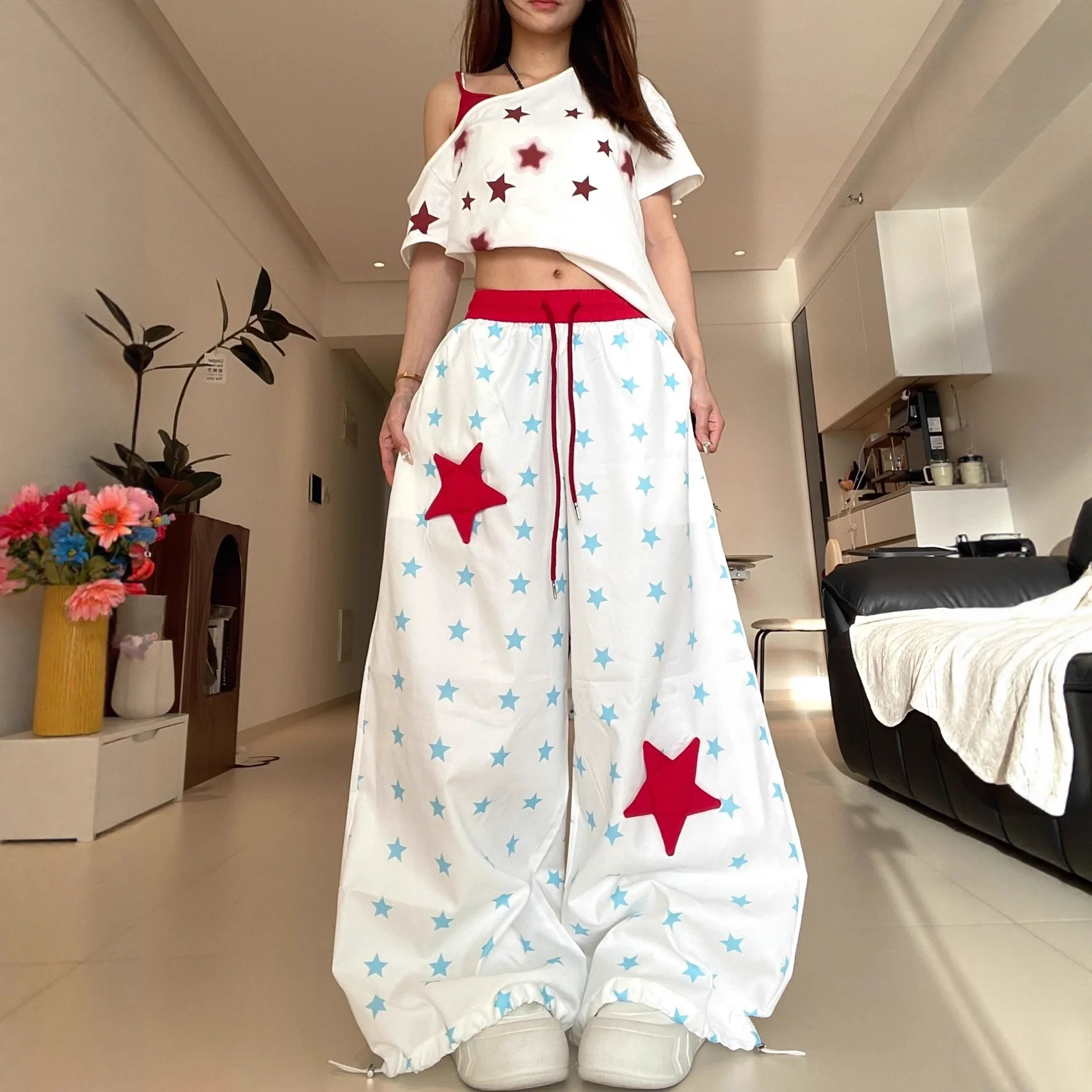 Color Blocking Full Star Design with A Sense of Patch Fabric Casual Pants for Women In Summer Thin and Loose, Floor Length Pants