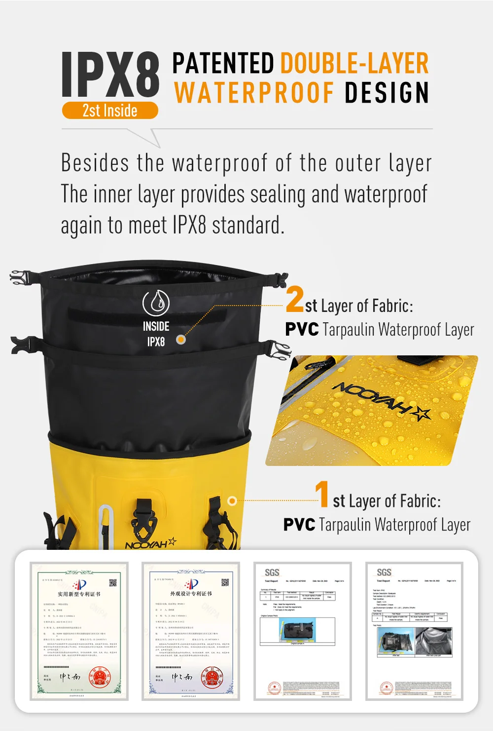 NOOYAH Waterproof Dry Bag IPX8 Roll-Top Closure Waterproof Backpack Fishing Bag Double Layer Rucksack Outdoor Sport Dry Backpack