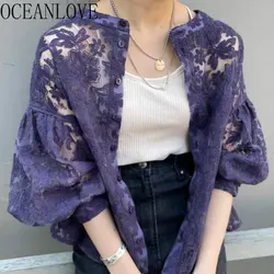 OCEANLOVE Lace Spring Summer Blouses Women Tops Hollow Out Japan Style Lantern Sleeve Blusas Mujer Vintage Short Shirts