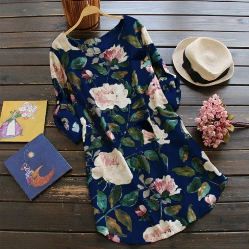 2024 New Women Loose Floral Print Dress Ladies Mini Dress Summer Casual Party Dresses Long Sleeve Dress Plus Size