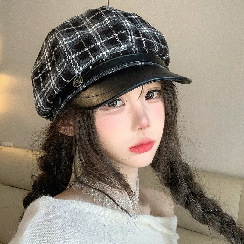 Retro Plaid Octagonal Hat Women's Autumn Winter Face Slimming Duckbill Boy Scout Hat Fashionable Versatile Artist Hat