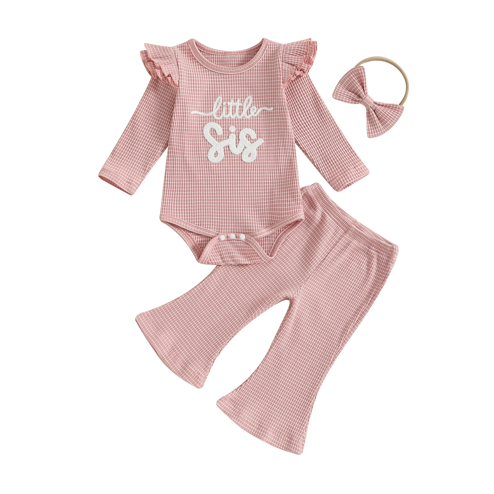 

Baby Girl Fall Outfits Letter Embroidery Long Sleeve Romper Flare Pants and Bow Headband 3 Pcs Set