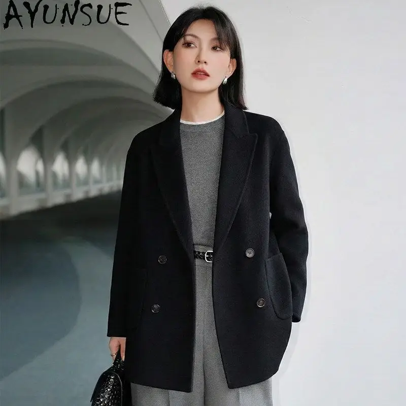 AYUNSUE Women's 100% Wool Coat Fashion Commuter Suit Jacket Woman Loose Double-breasted Outerwear Woman Clothes Casaco Feminino
