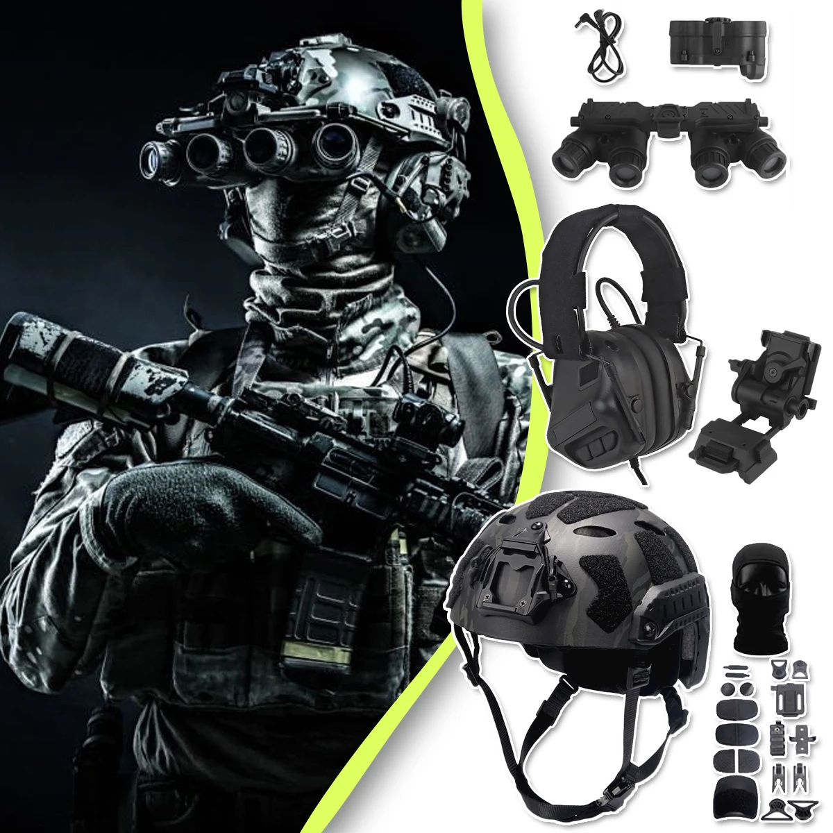 Tactical Helmet Set With Pickup Noise Reduction Headphones Night Vision Model NVG Bracket for Outdoor Hunting Shooting Role Play