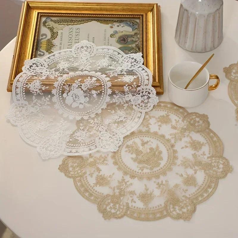 33cm Beautiful Pattern Table Mat Retro French Lace Coffee Cup Mat Embroidery Placemat Vase Table Lamp Ornament Photo Prop Napkin