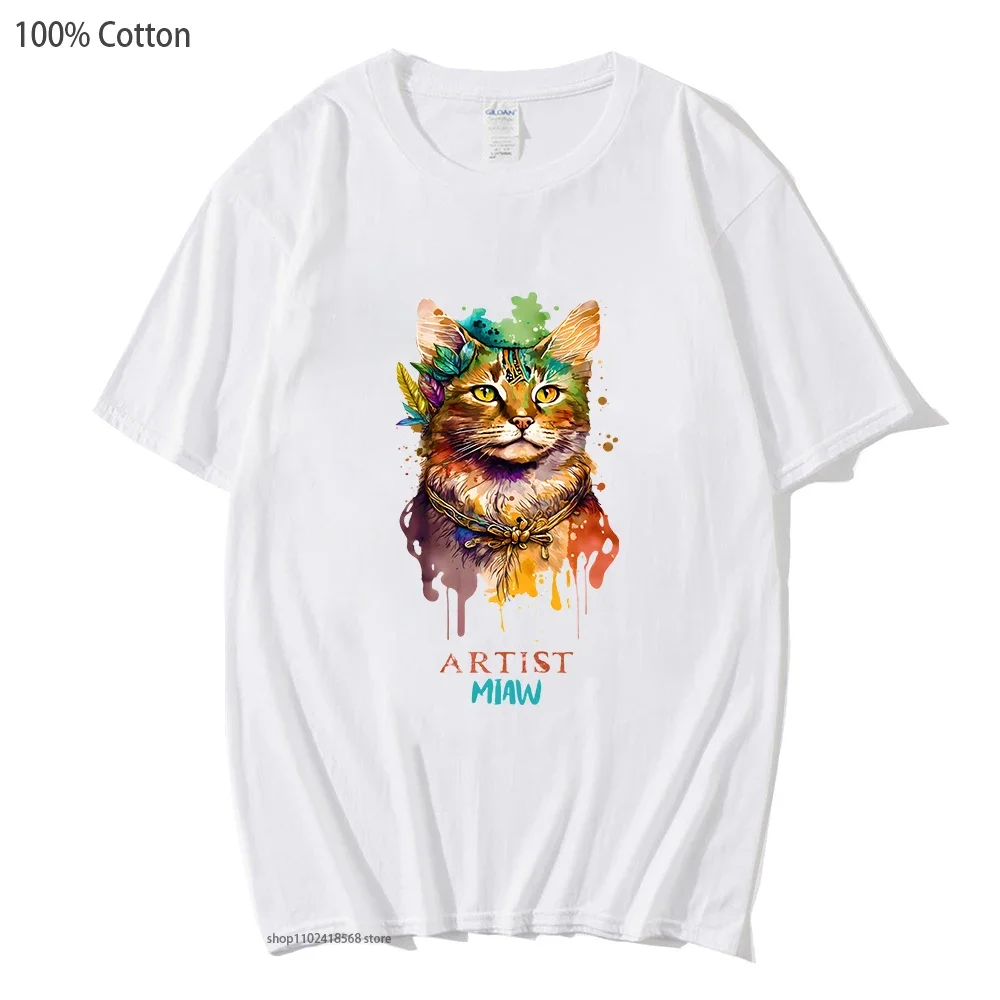 لطيف القط مياو قمصان للرجال الفنان تي شيرت أنيمي الملابس 100% القطن الصيف تيز الشارع الشهير النساء س الرقبة عادية Y2k للجنسين