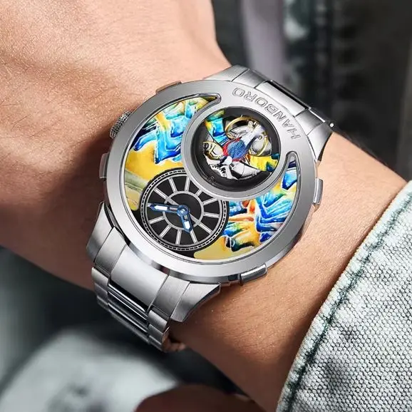 HANBORO Men Automatic Watch 43.6mm Mechanical Wristwatch Luminous Enamel Carved Painted Mountain Rotataion Bird Dial