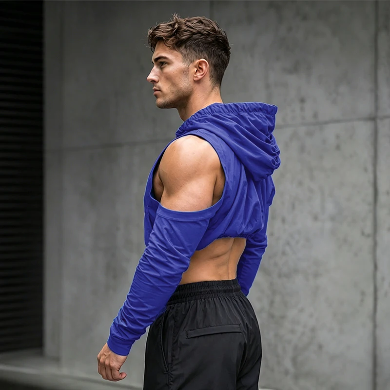 INCERUN Herren T-Shirt Einfarbig Plissiert Schulterfrei Langarm mit Kapuze Herrenbekleidung Streetwear Loose 2026 Crop Tops für Männer