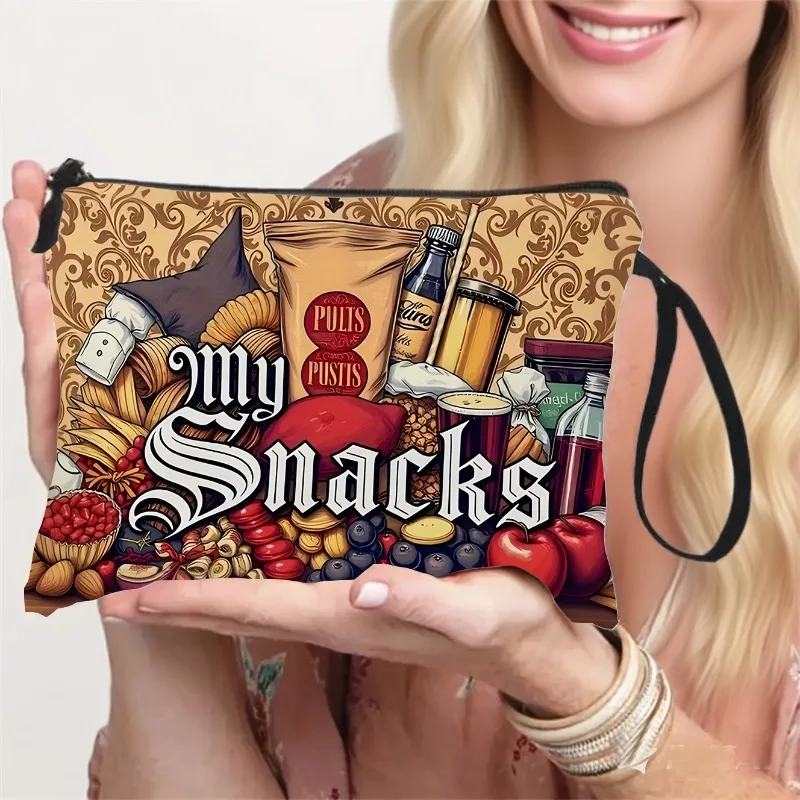 1pc Snack Print Travel Bag with Adjustable Strap - Lightweight Zippered Toiletry & Snack Case Suitable for Gym, Vacation, Daily